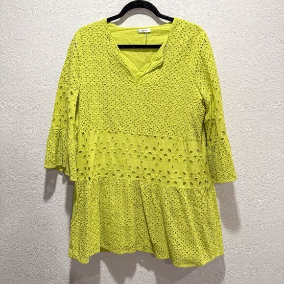 Tyler Böe Isla Eyelet Tunic Dress Women's Large Wild Lime Chartreuse Green Cotto - Picture 2 of 10